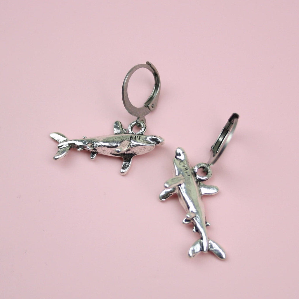 3D Shark charms on stainless steel huggie hoops