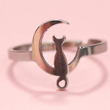 Stainless Steel ring with cat on the moon design