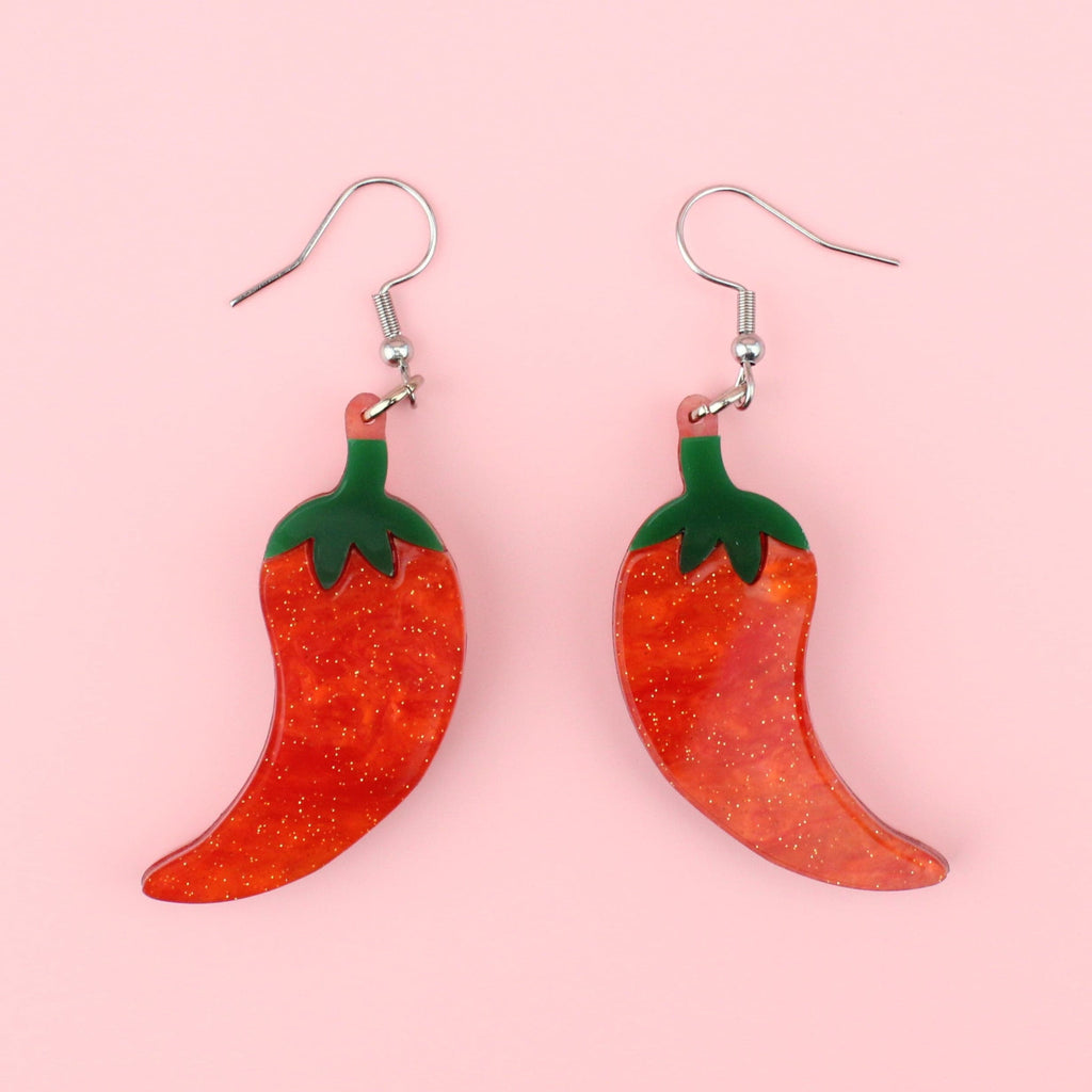 Red and green marble Perspex Chillies on Stainless Steel earwires 