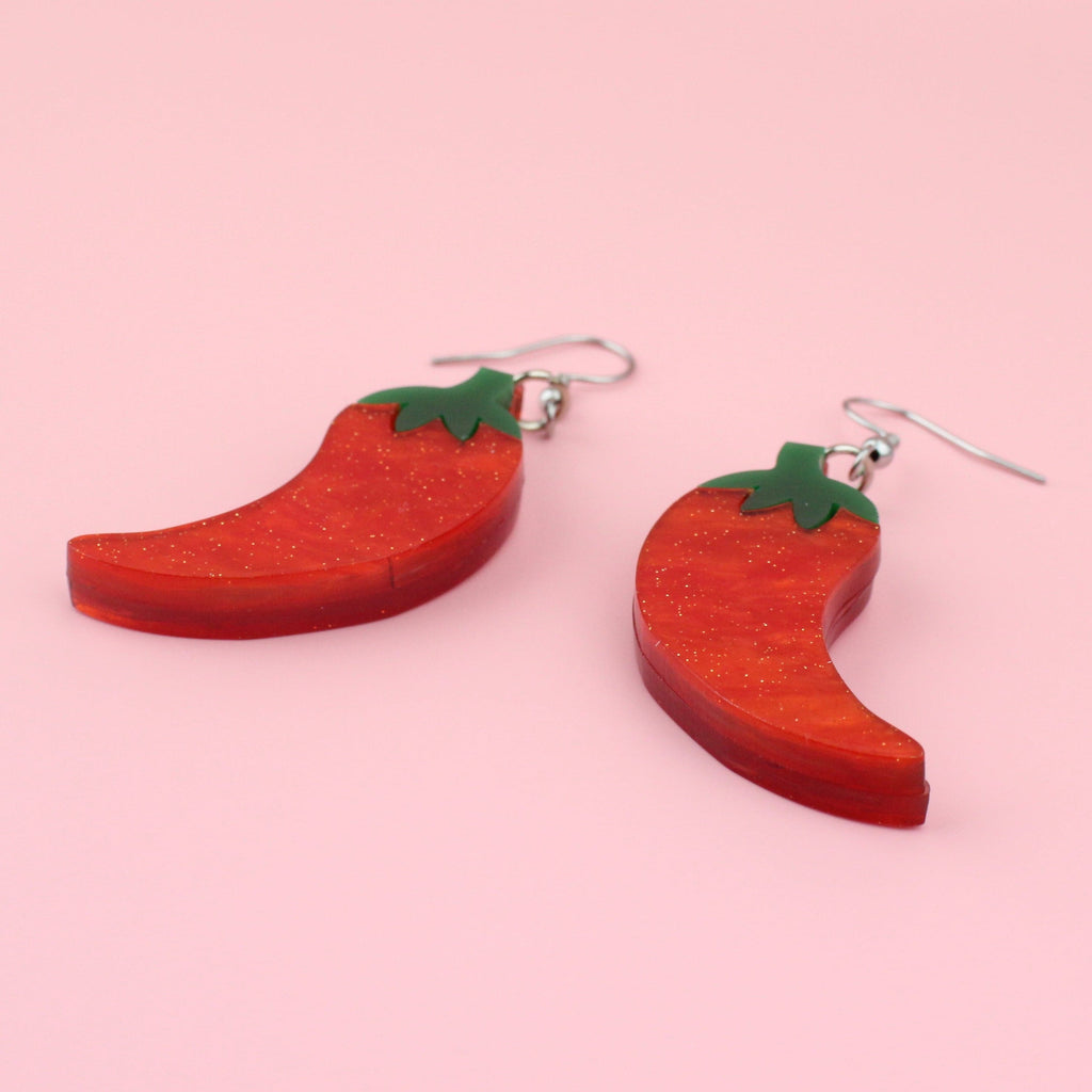 Red and green marble Perspex Chillies on Stainless Steel earwires 