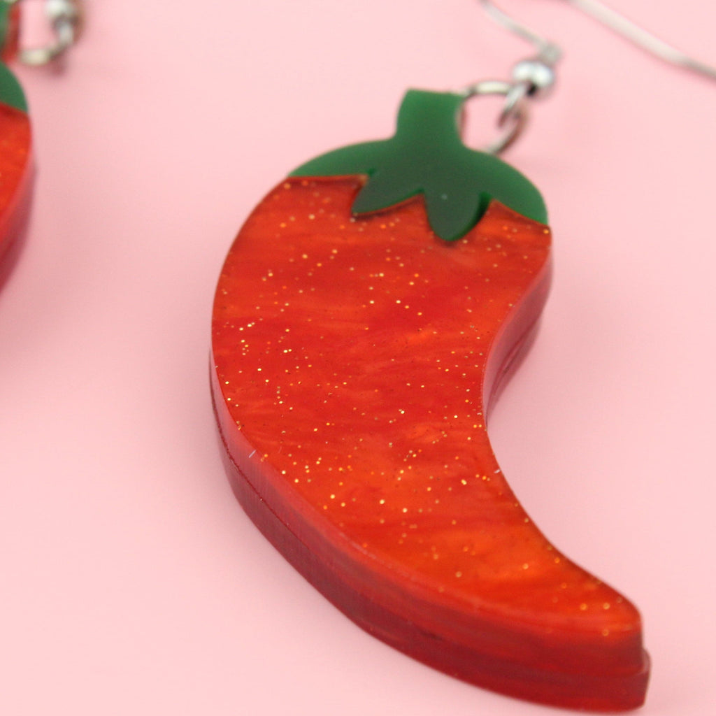 Red and green marble Perspex Chillies on Stainless Steel earwires 