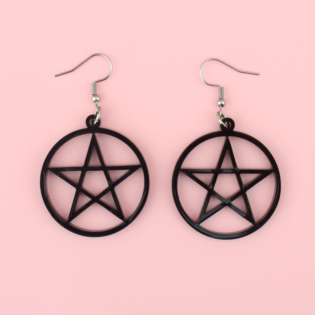 Black Pentacle Charms on stainless steel earwires