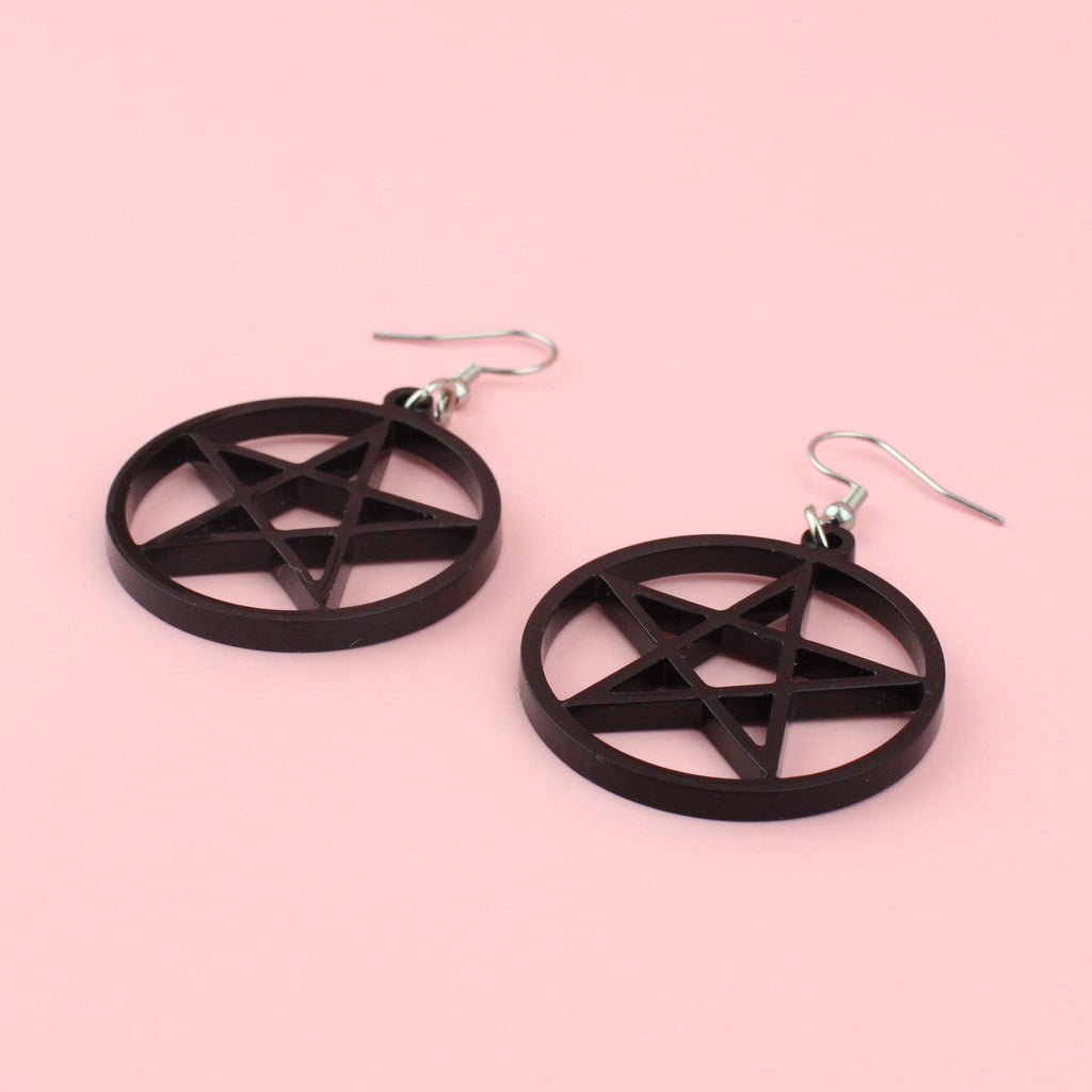 Black Pentacle Charms on stainless steel earwires