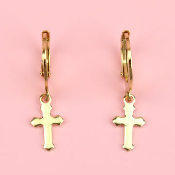 gold plated gothic cross charms on huggie hoops
