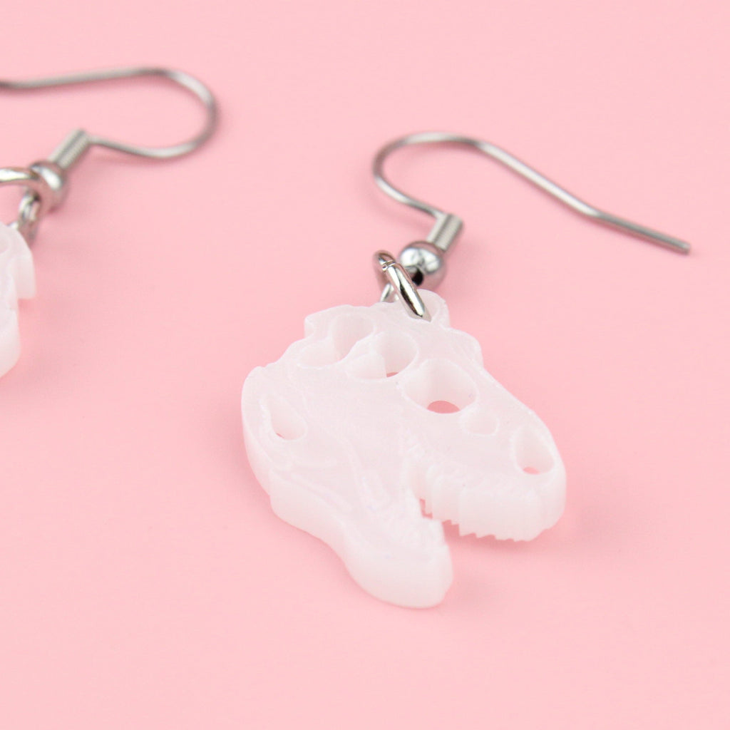 White Marble Perspex T-Rex Charms on stainless steel earwires