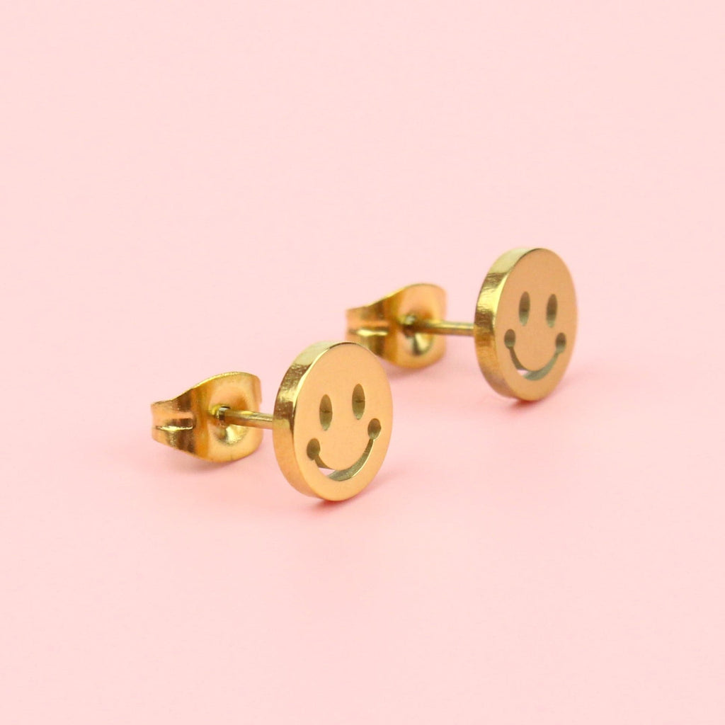 Smiley Face Stud Earrings (Gold Plated) - Sour Cherry