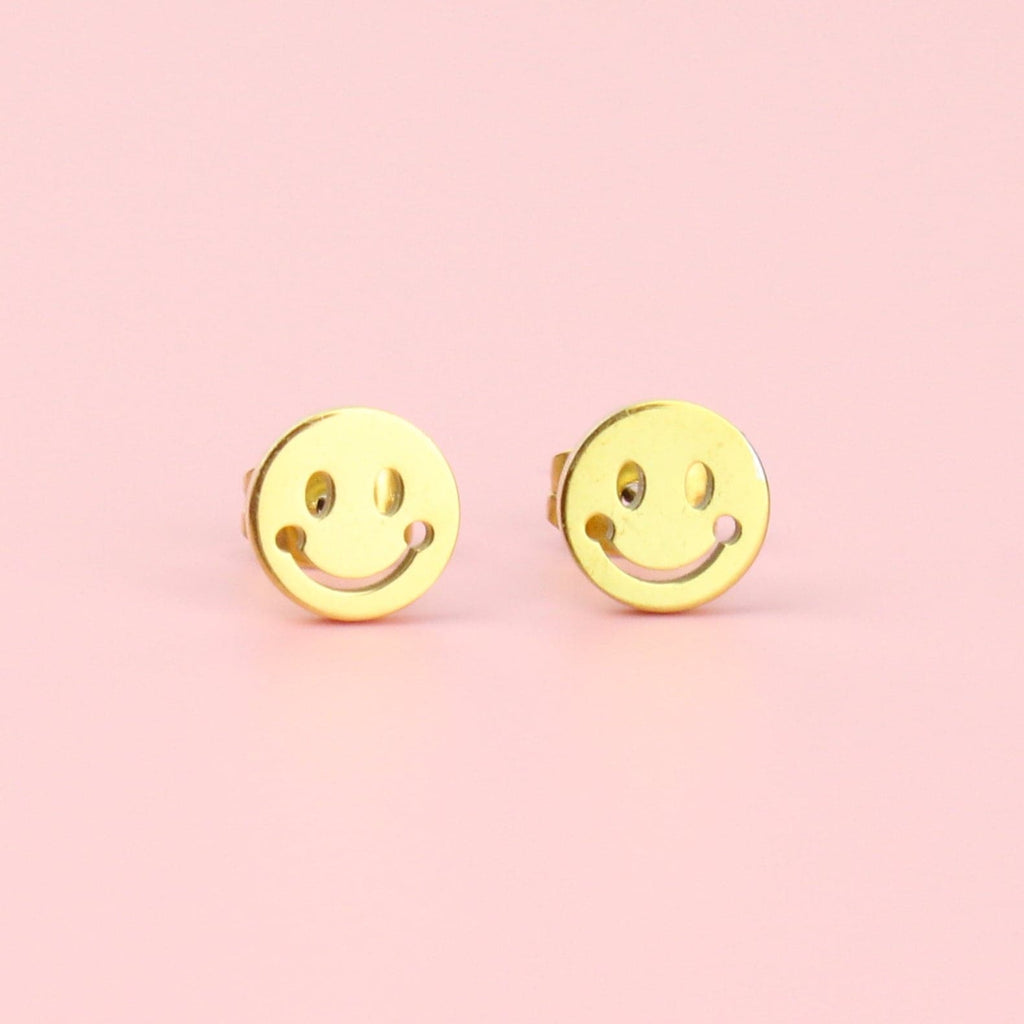 Smiley Face Stud Earrings (Gold Plated) - Sour Cherry
