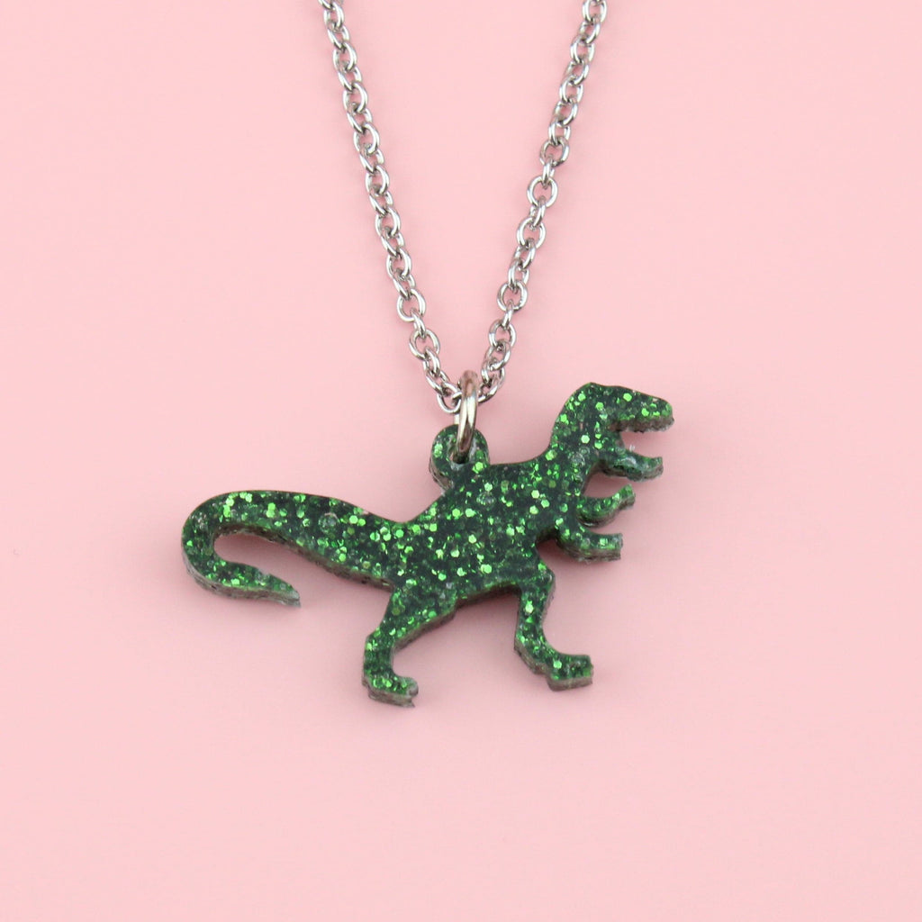 Glitter green Perspex T-Rex Charm on a Stainless Steel Chain