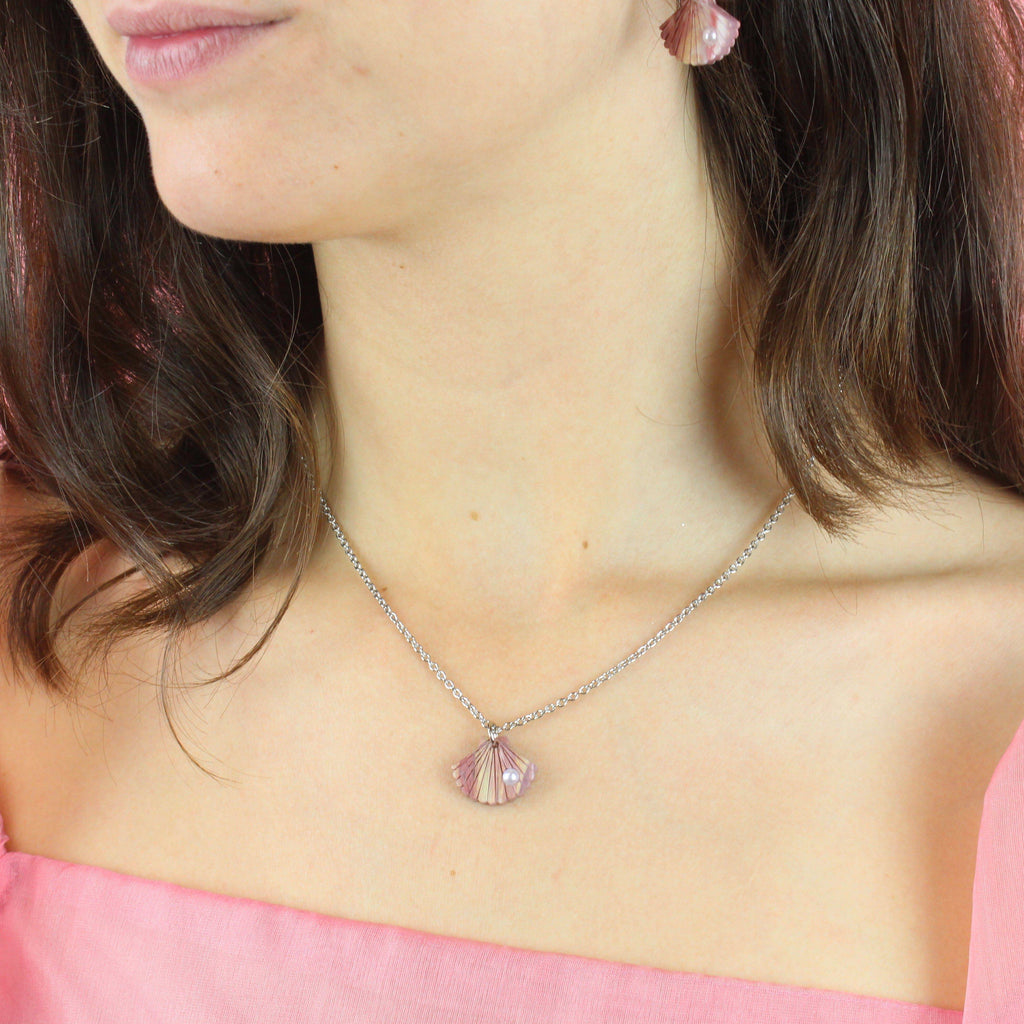 Pink Marble Shell Pendant Necklace - Sour Cherry