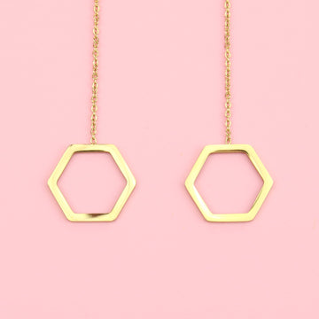Gold Plated Stainless Steel hexagon charms on pull through ear chains