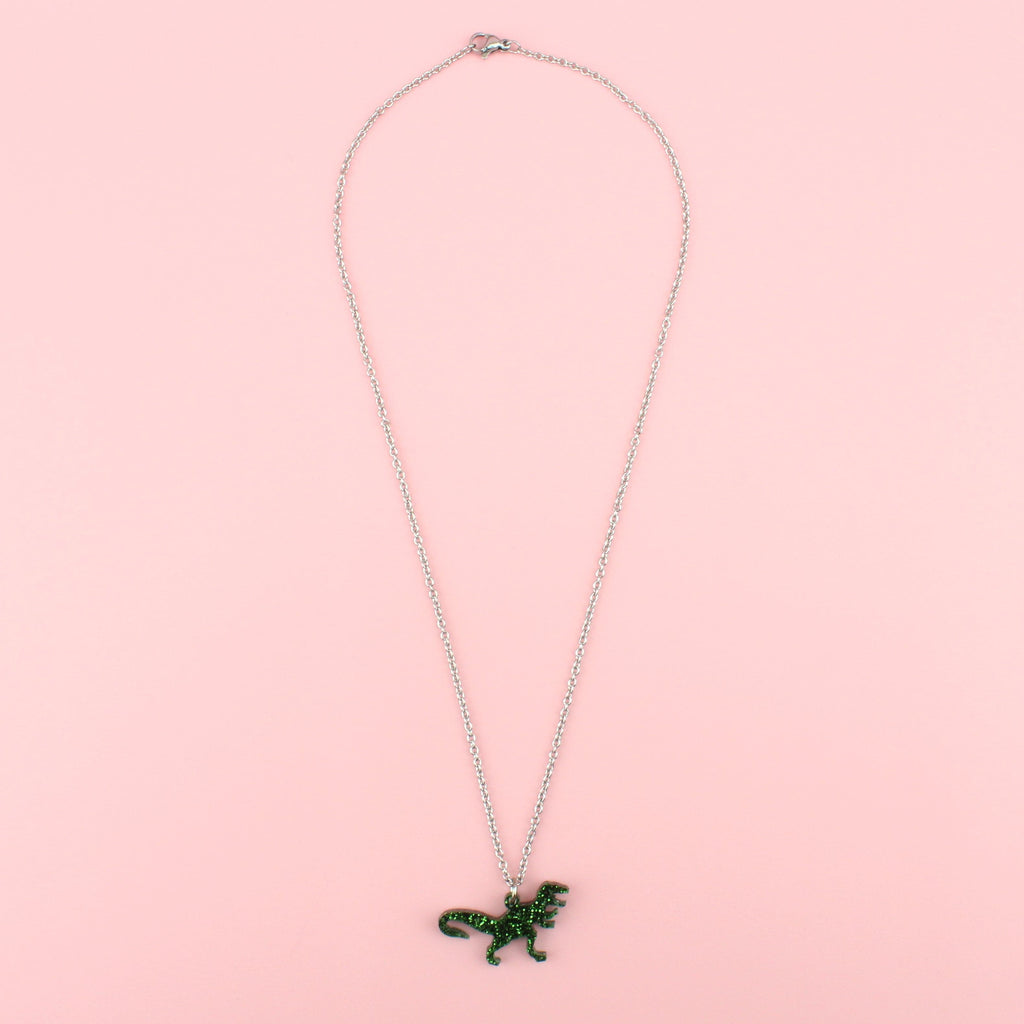Glitter green Perspex T-Rex Charm on a Stainless Steel Chain