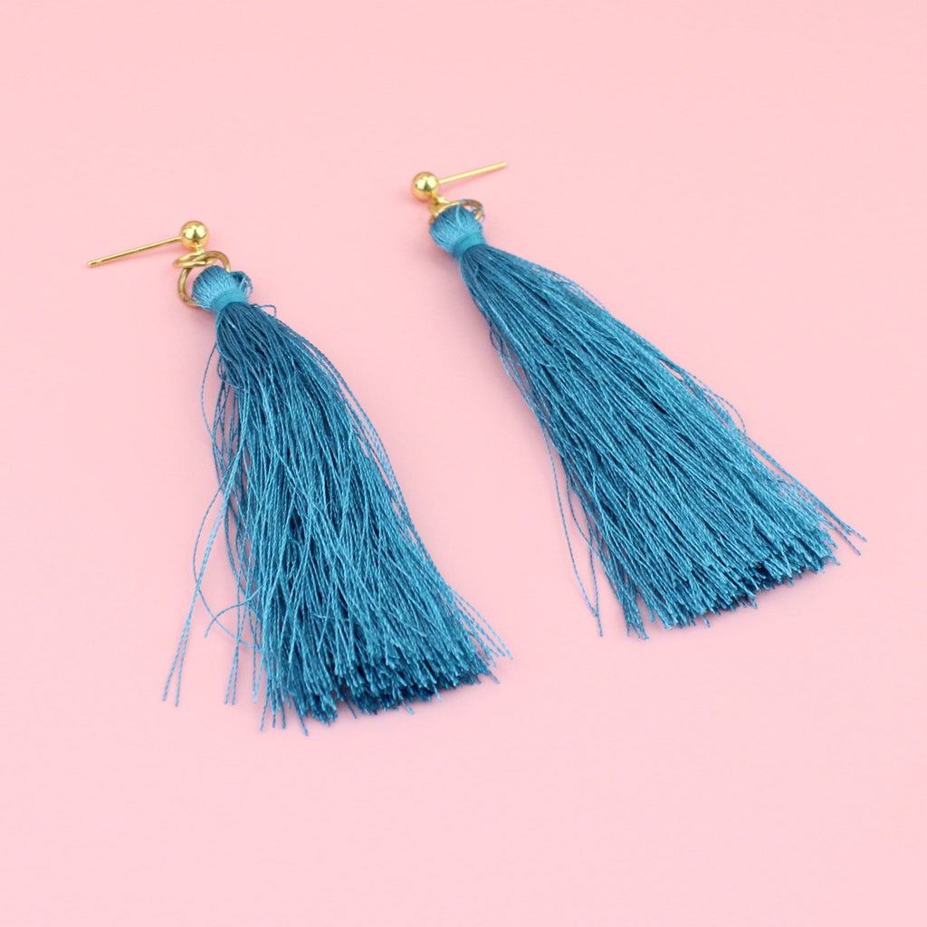 Teal Stud Tassel Earrings - Sour Cherry