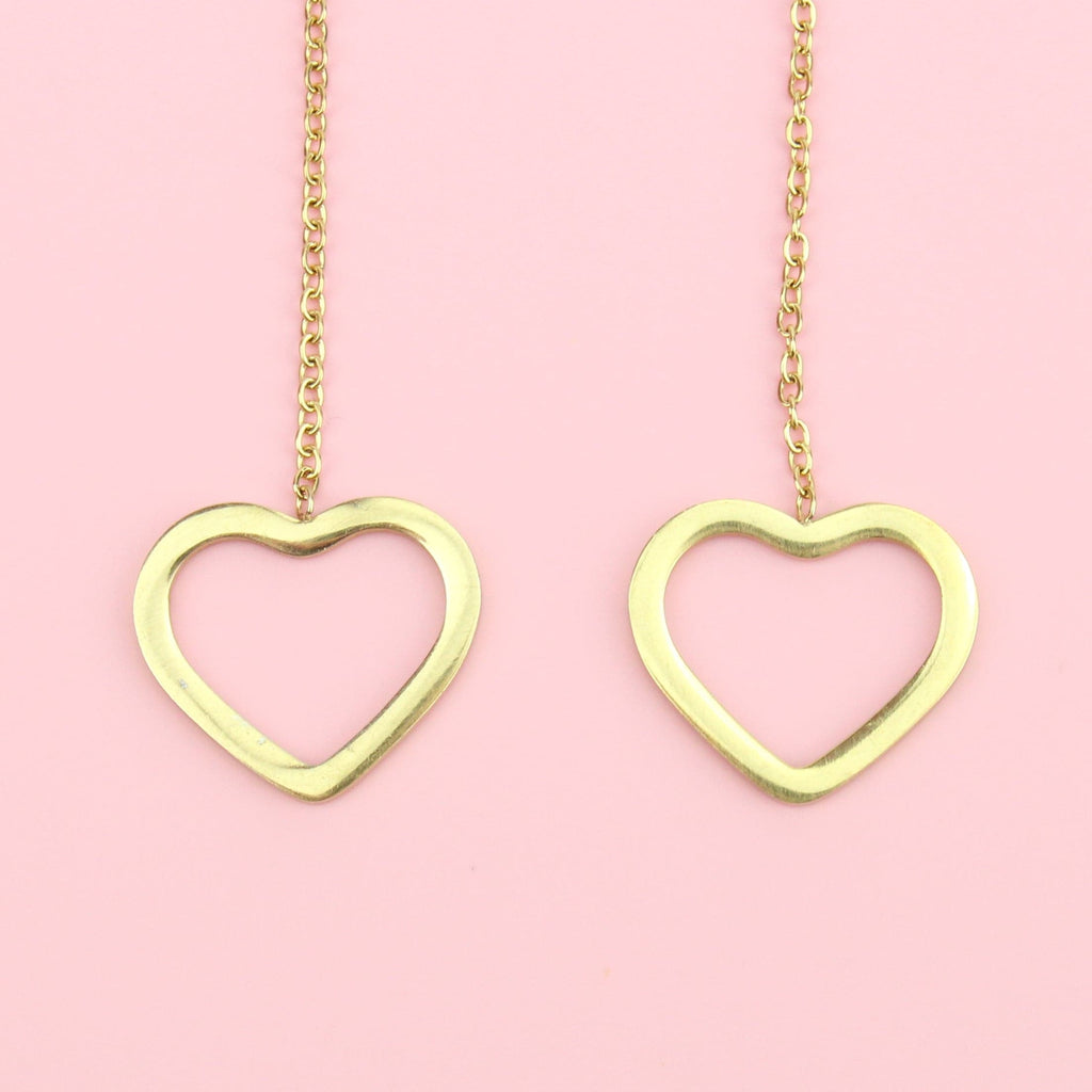 Gold Plated Stainless Steel heart charms on pull through ear chains