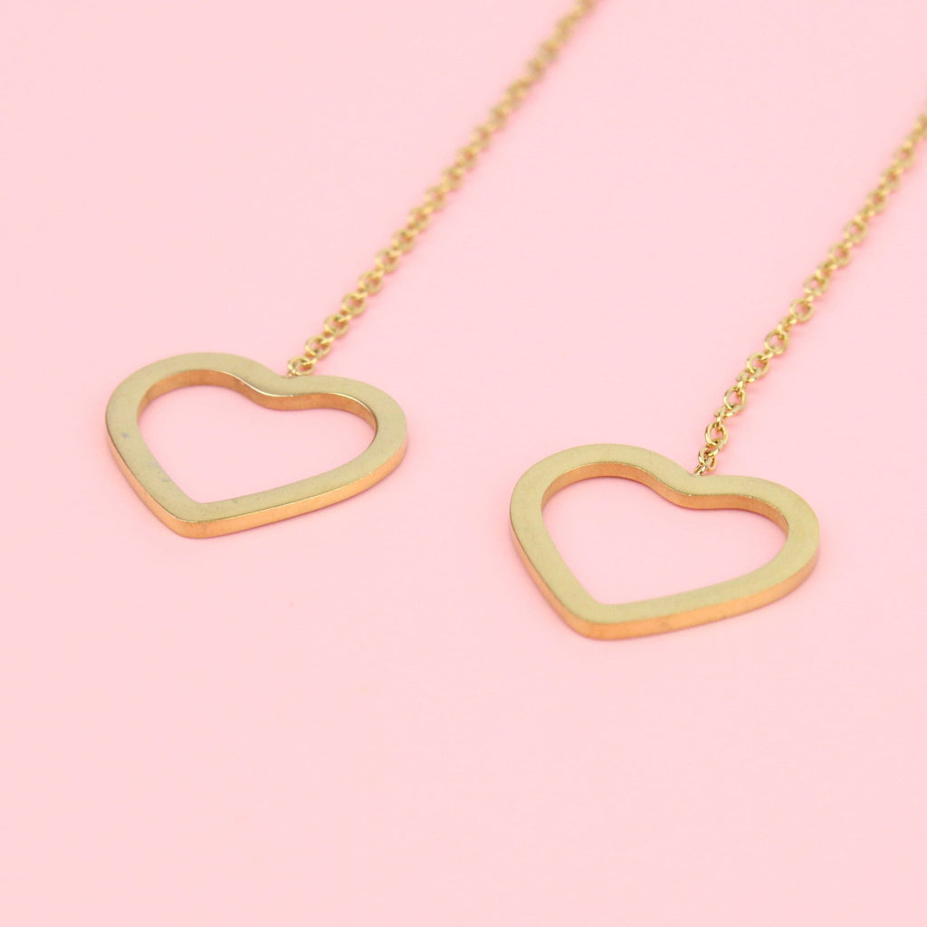 Gold Plated Stainless Steel heart charms on pull through ear chains