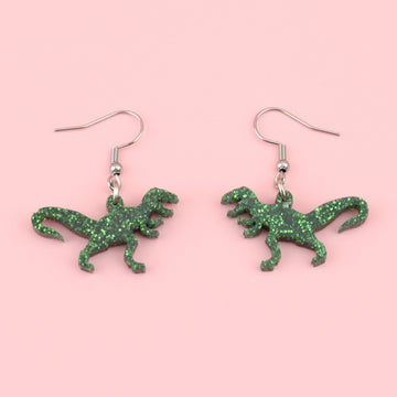 Green glitter perspex t-rex charms on stainless steel earwires