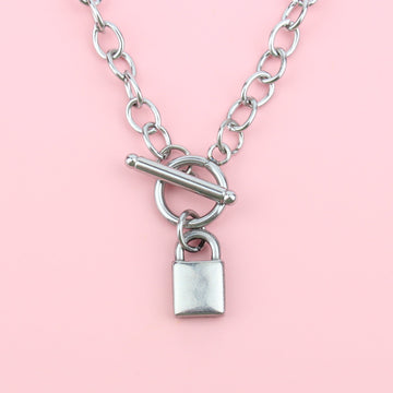 Padlock charm on Stainless Steel oval chain necklace