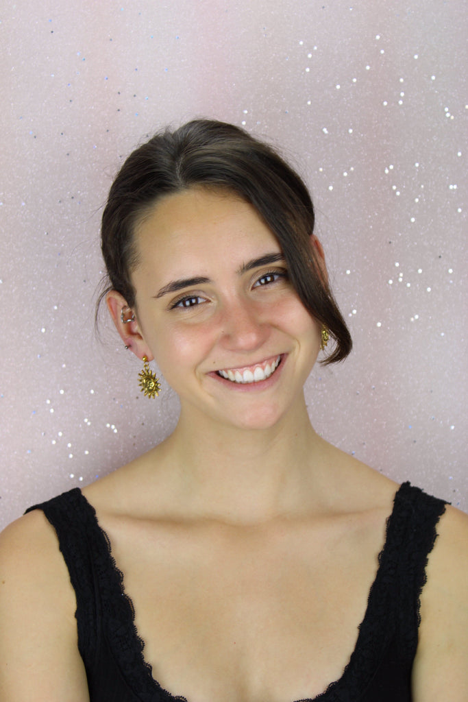 Model wearing Moon & Sun Stud Earrings (Gold Plated)