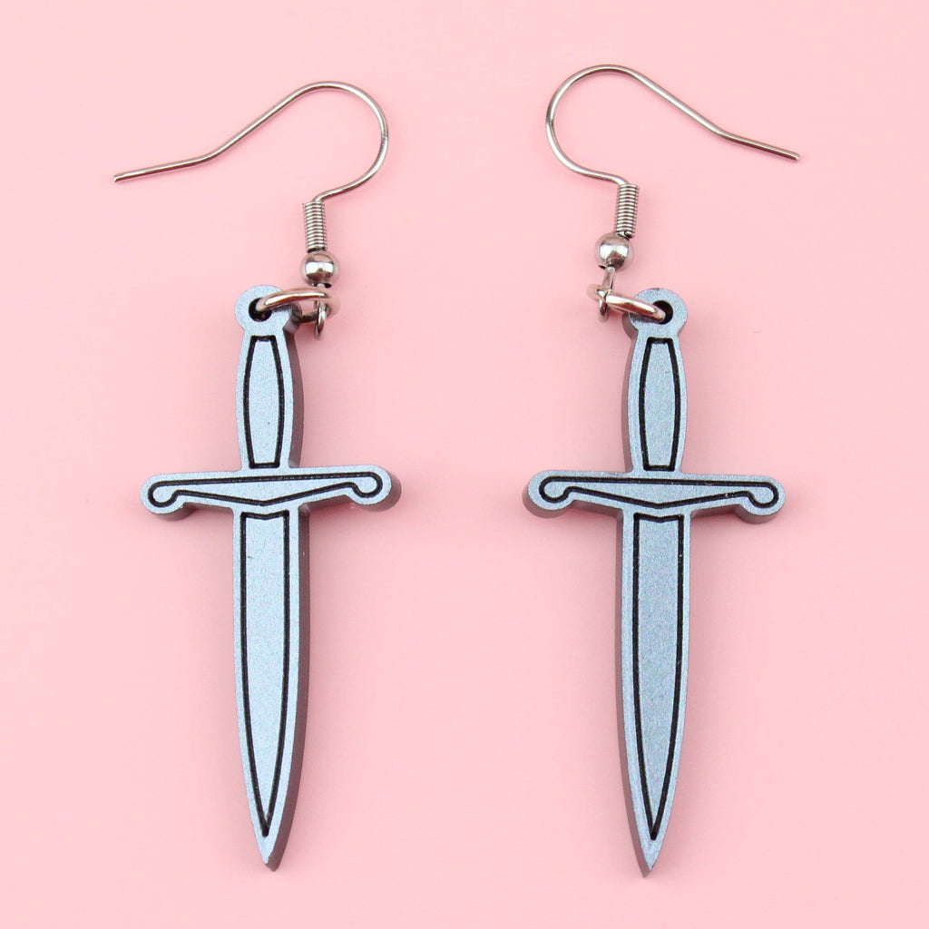 Silver Perspex dagger earring charm on Stainless Steel ear wires