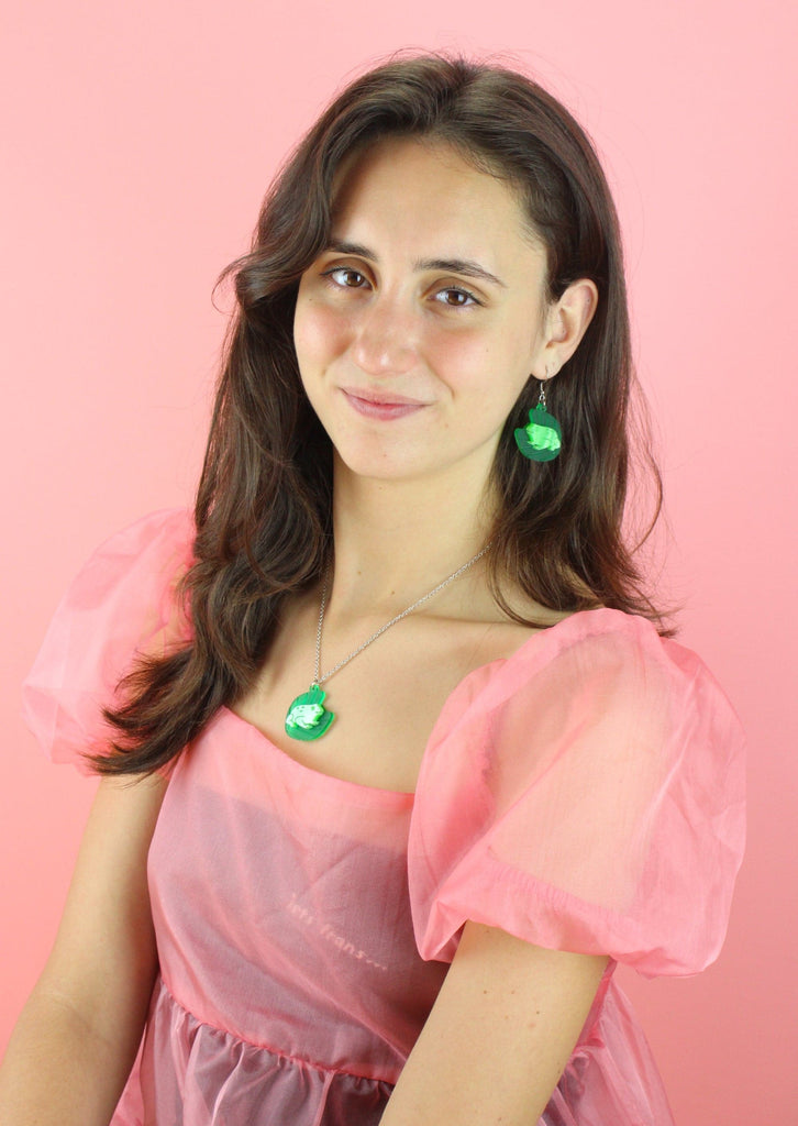 Model wearing Frog Earrings with our matching necklace