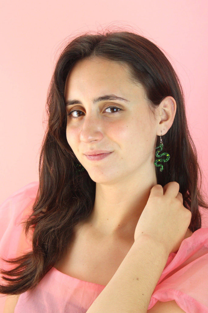 Green Glitter Medusa Snake Earrings - Sour Cherry