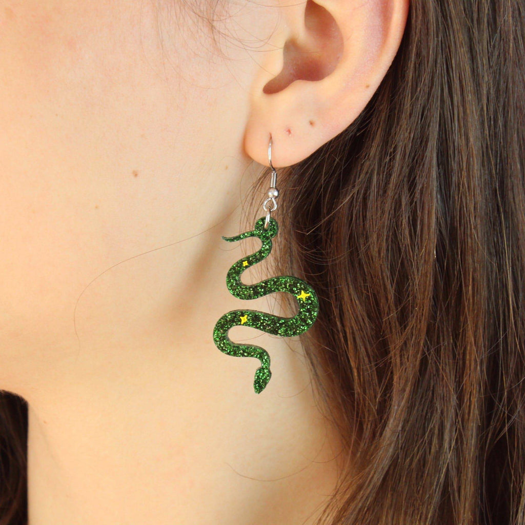 Green Glitter Medusa Snake Earrings - Sour Cherry