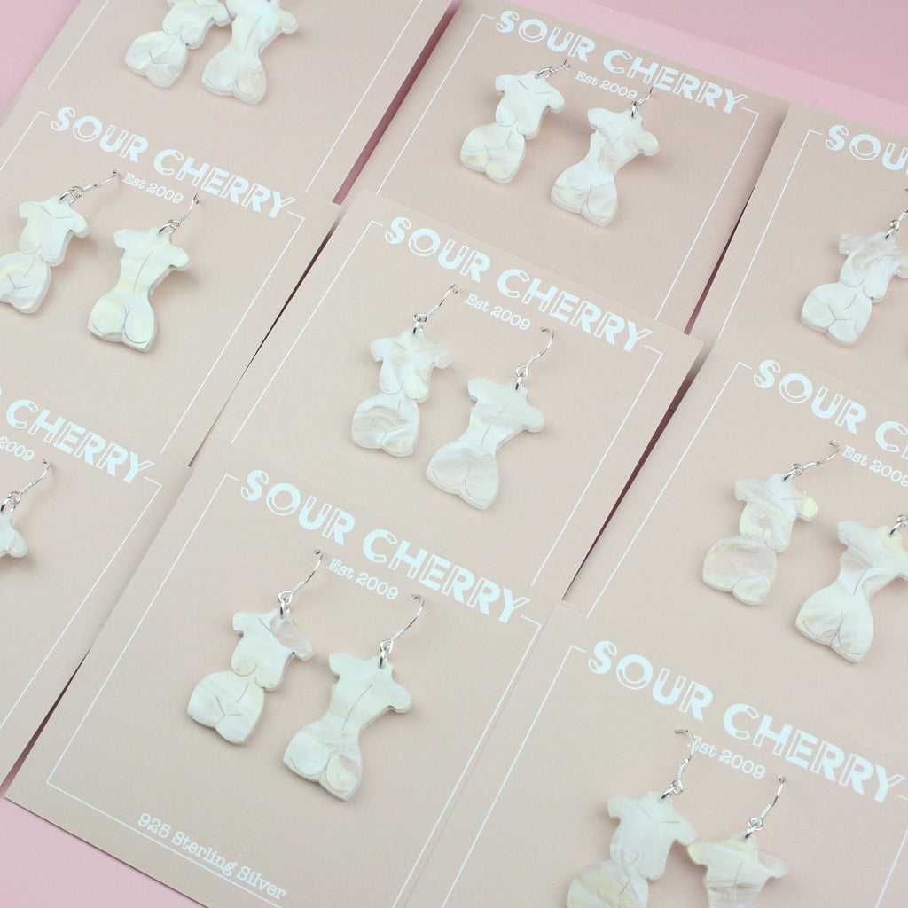 Birthday Suit earringgs on Sour Chrry Cards