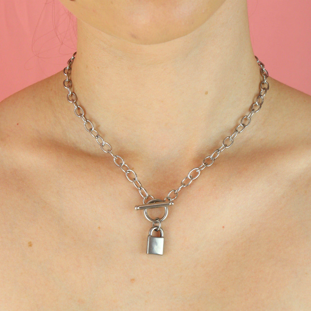 Model wearing Padlock Chain Necklace