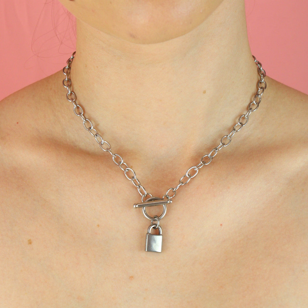 Model wearing Padlock Chain Necklace