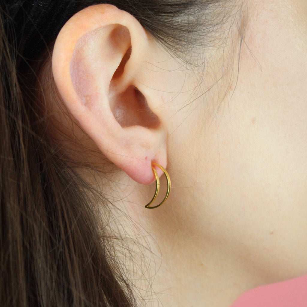 Model wearing Dainty Crescent Moon Hoops (Gold Plated)