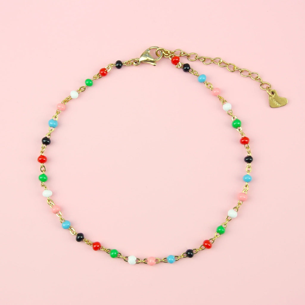 Multicoloured Beaded Anklet (Gold Plated) - Sour Cherry