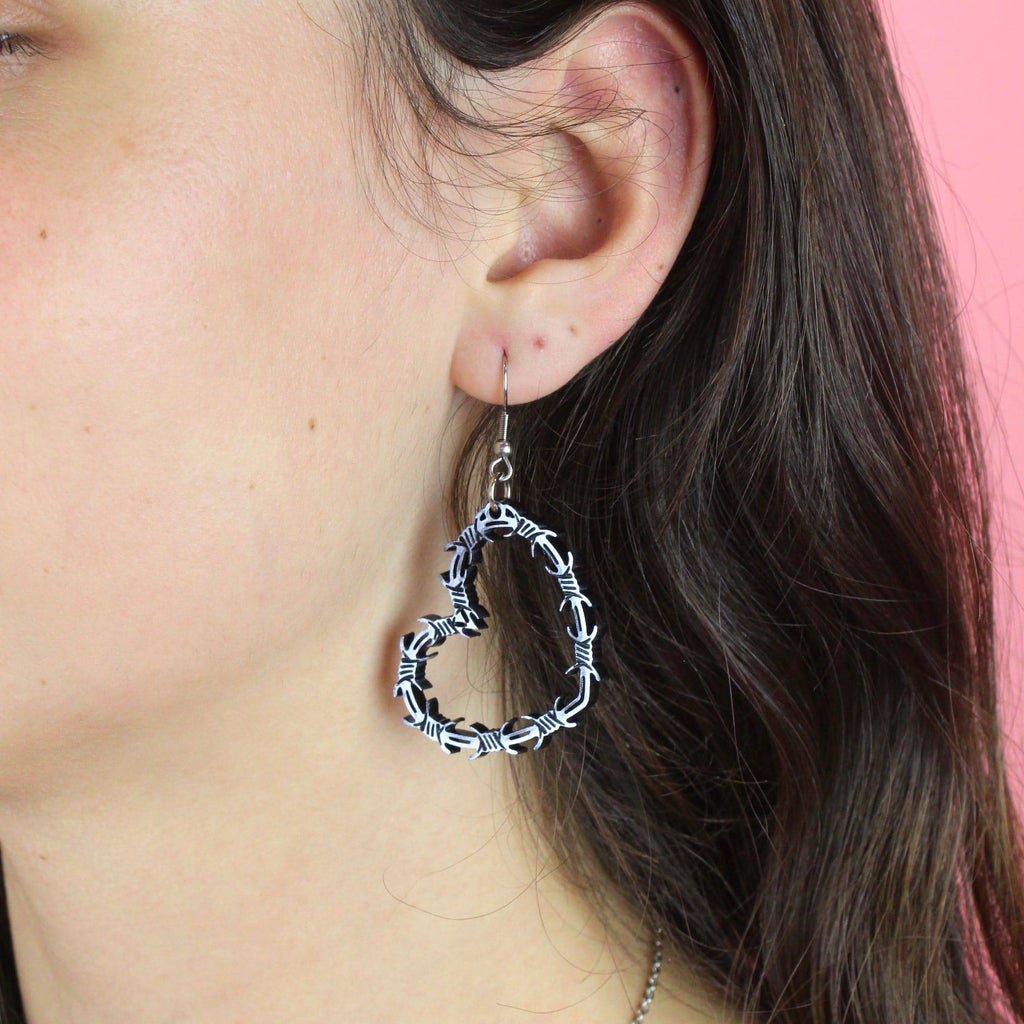 Silver Barbed Wire Heart Earrings - Sour Cherry