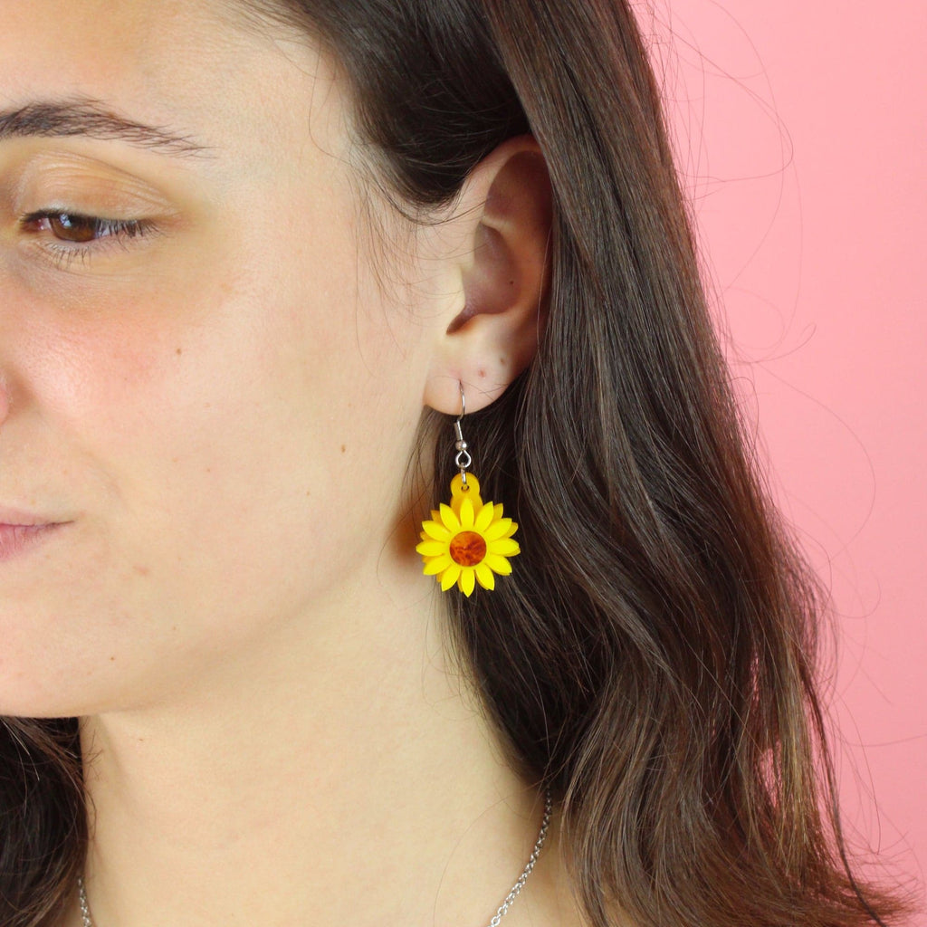 Model wearing Sunflower Earrings