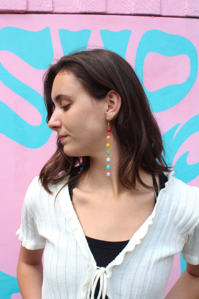 Model wearing Rainbow Drop Earrings