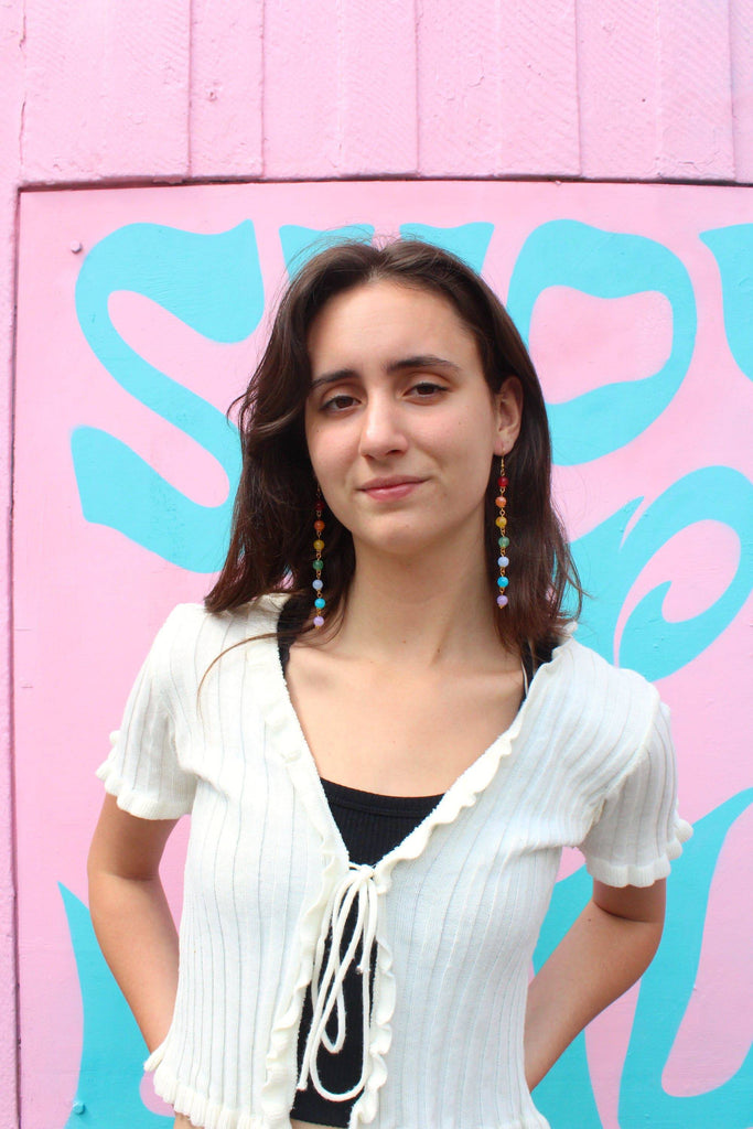 Model wearing Rainbow Drop Earrings