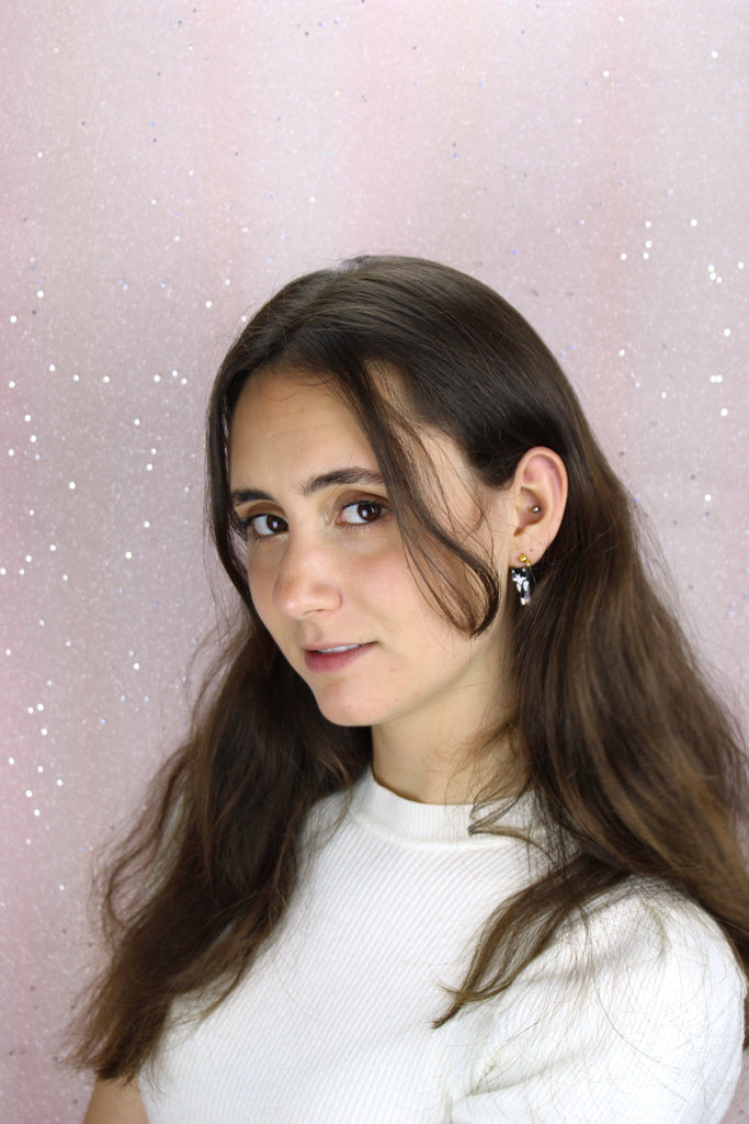 Model wearing Black & White Cat Earrings (Gold Plated)