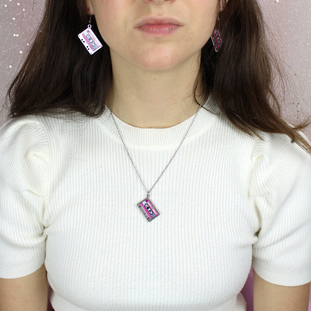 Model wearing Mix tape Necklace with the matching mix tape earrings