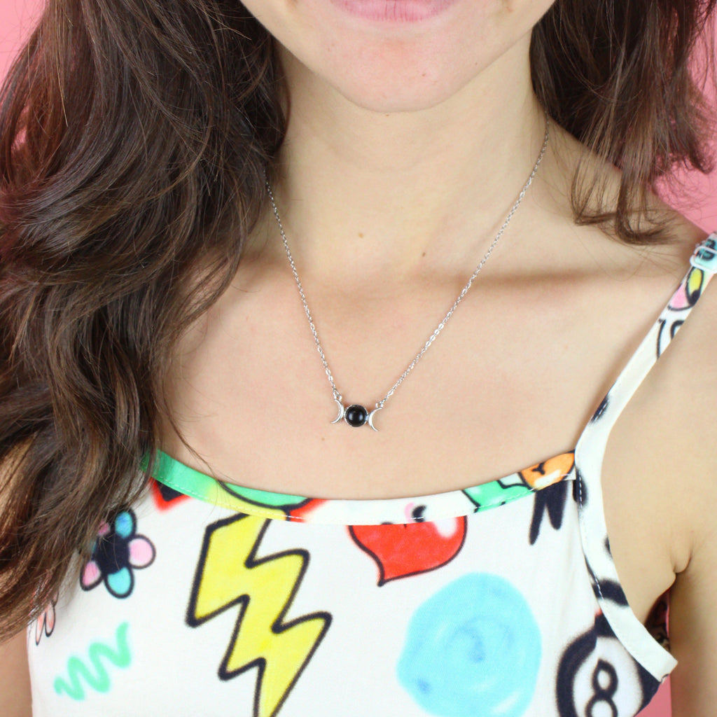 Black Agate Moon Necklace - Sour Cherry