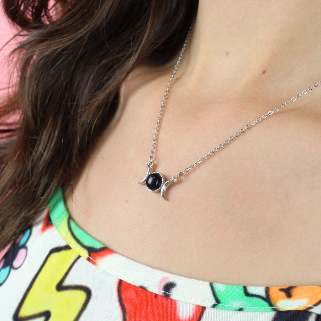 Black Agate Moon Necklace - Sour Cherry