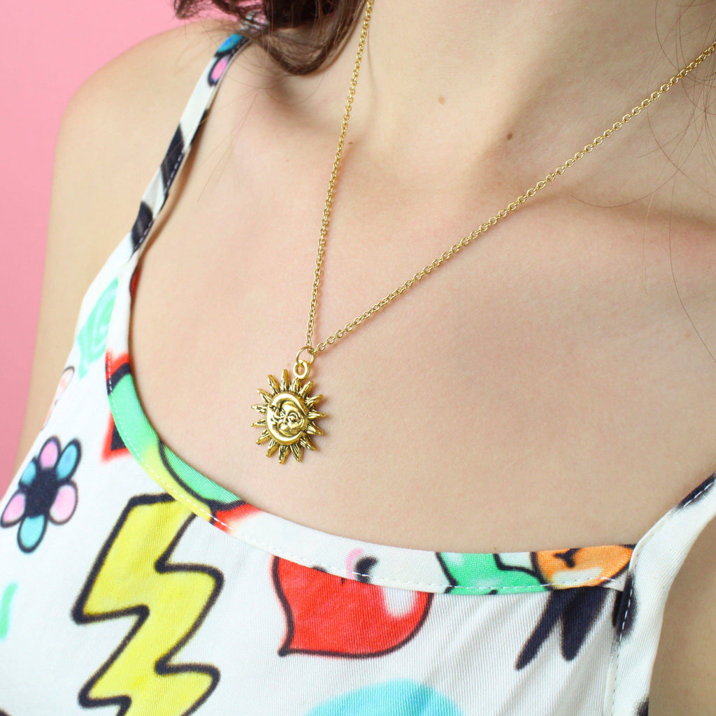 Model wearing Moon and Sun Necklace (Gold Plated)