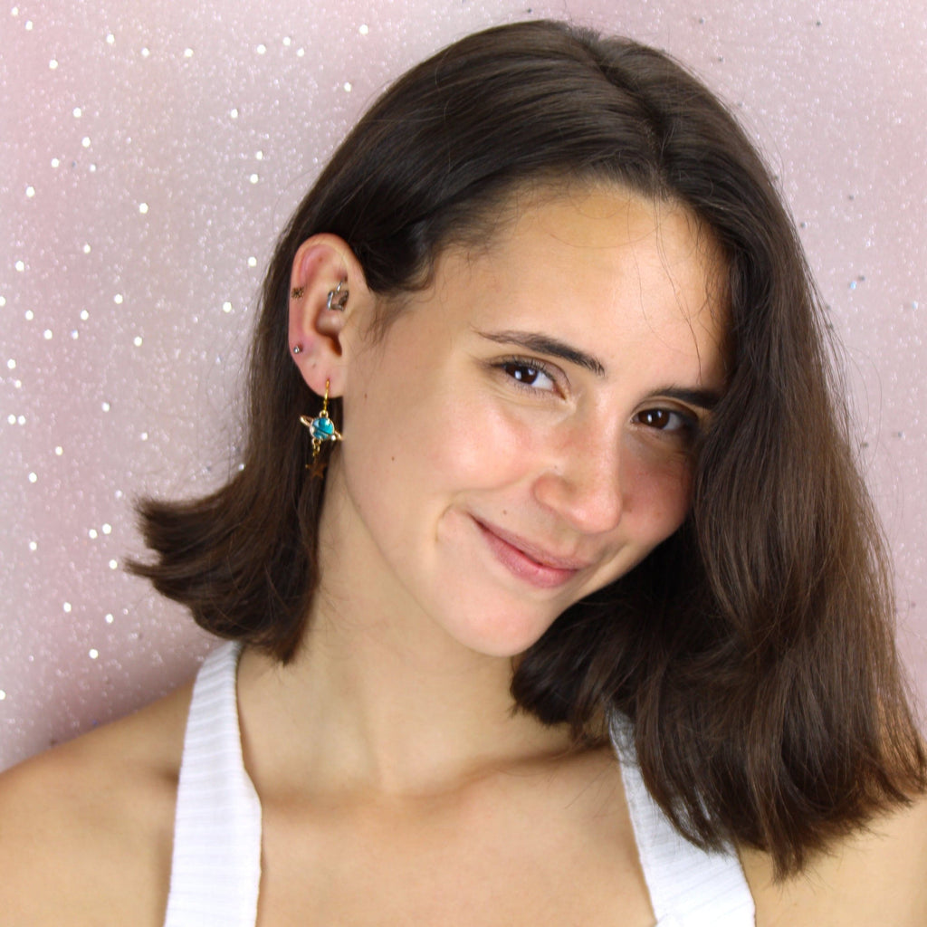 Model wearing Blue Milky Way Hoop Earrings