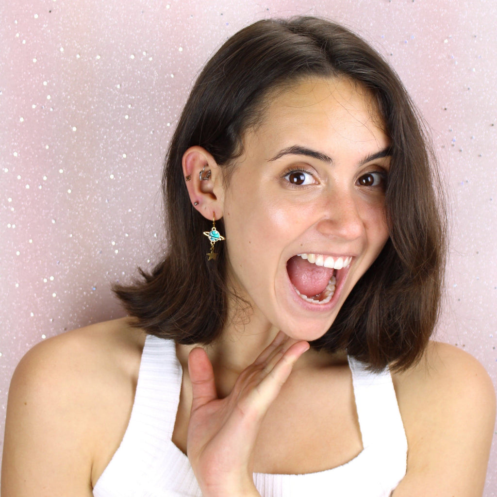 Model wearing Blue Milky Way Hoop Earrings