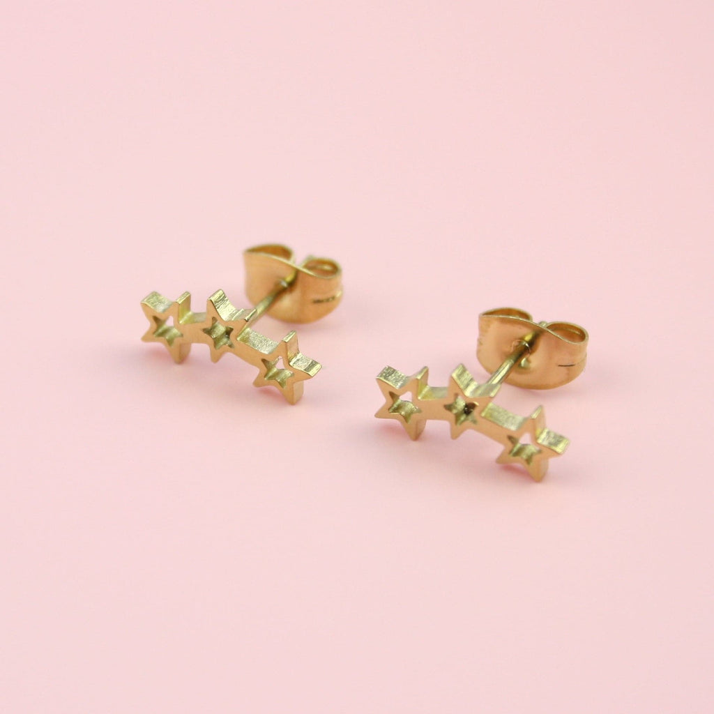 Gold plated stainless steel studs with three stars all connected to each other