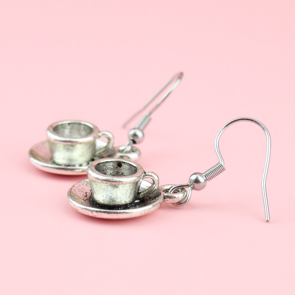 Cup and saucer charms on stainless steel earwires