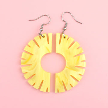 Yellow marble Perspex Halved Pineapple Ring Earrings on stainless steel ear wires