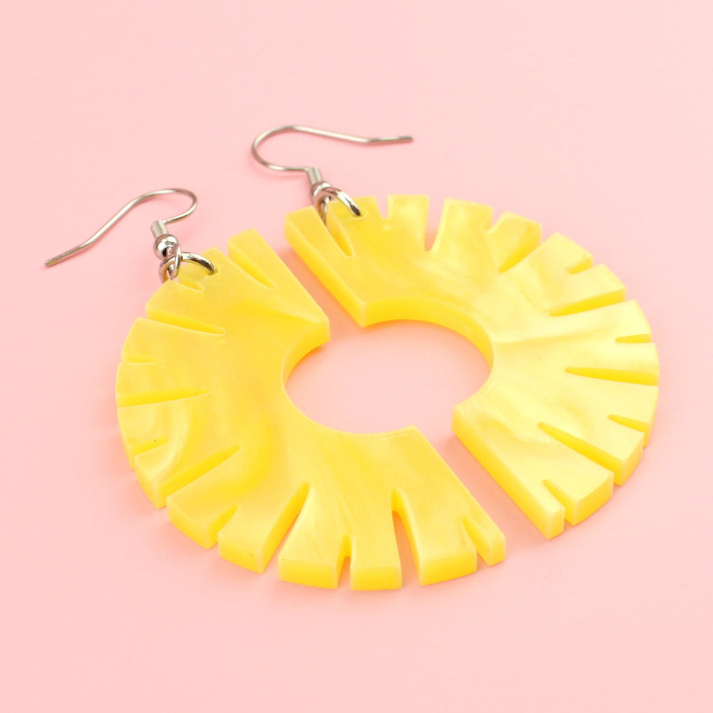 Yellow Marble Perspex Halved Pineapple Ring Earrings on stainless steel ear wires