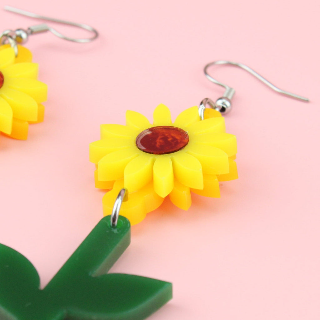 Perspex sunflower charms on stainless steel earwires