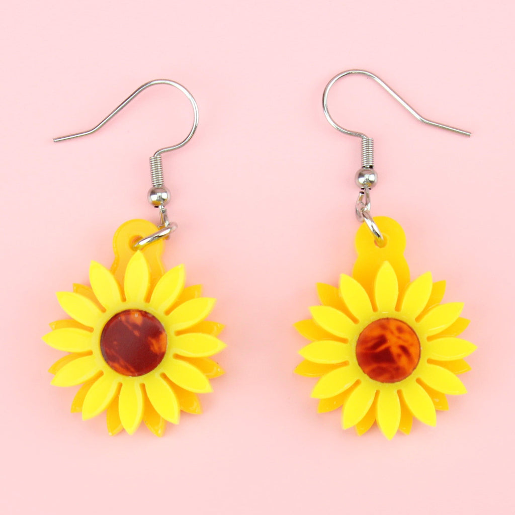 Yellow and Orange Perspex Sunflowers with an acrylic tortoiseshell centre on Stainless Steel earwires
