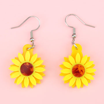 Yellow and Orange Perspex Sunflowers with an acrylic tortoiseshell centre on Stainless Steel earwires