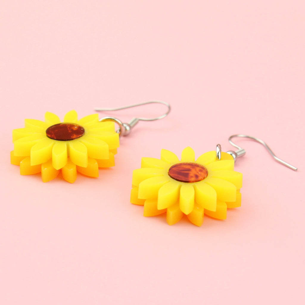 Yellow and Orange Perspex Sunflowers with an acrylic tortoiseshell centre on Stainless Steel earwires