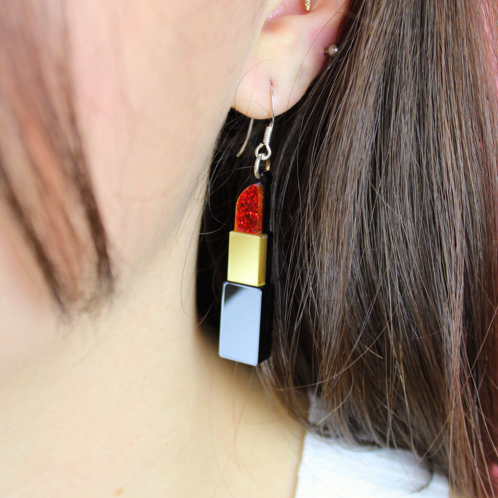 Red Glitter Lipstick Earrings - Sour Cherry